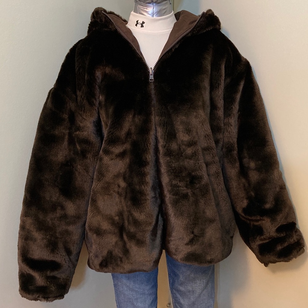 Northern Reflections Reversible Dark Brown Faux Fur Teddy Jacket with Hood